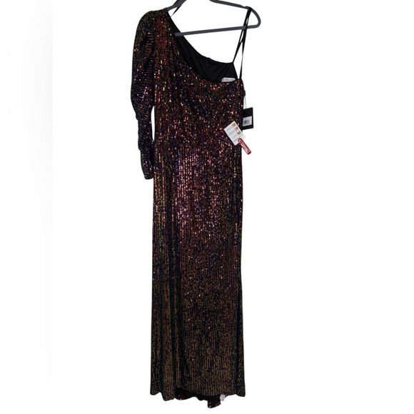 NWT Mac Duggal one sleeve iridescent sequin column gown size 8 26591 - Picture 7 of 11
